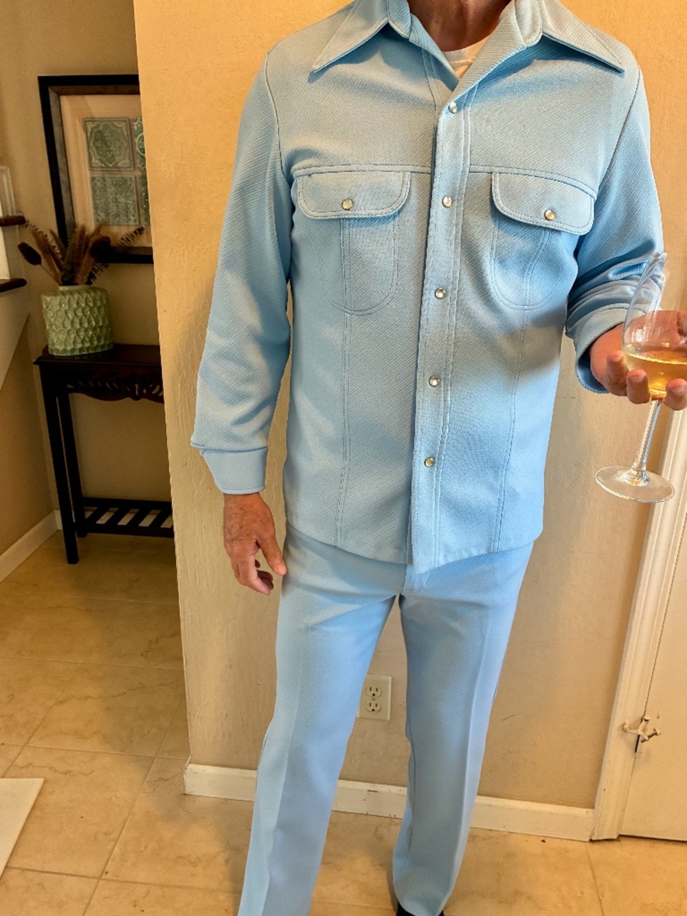 Vtg 70's Tobias Leisure Suit Pearl Snap Powder Blue Jacket and Pants Set M
